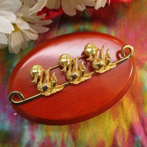 TORTOLANI 24KGP Swan Babies Brooch~Designer Dimensional Figural Swan Cygnets